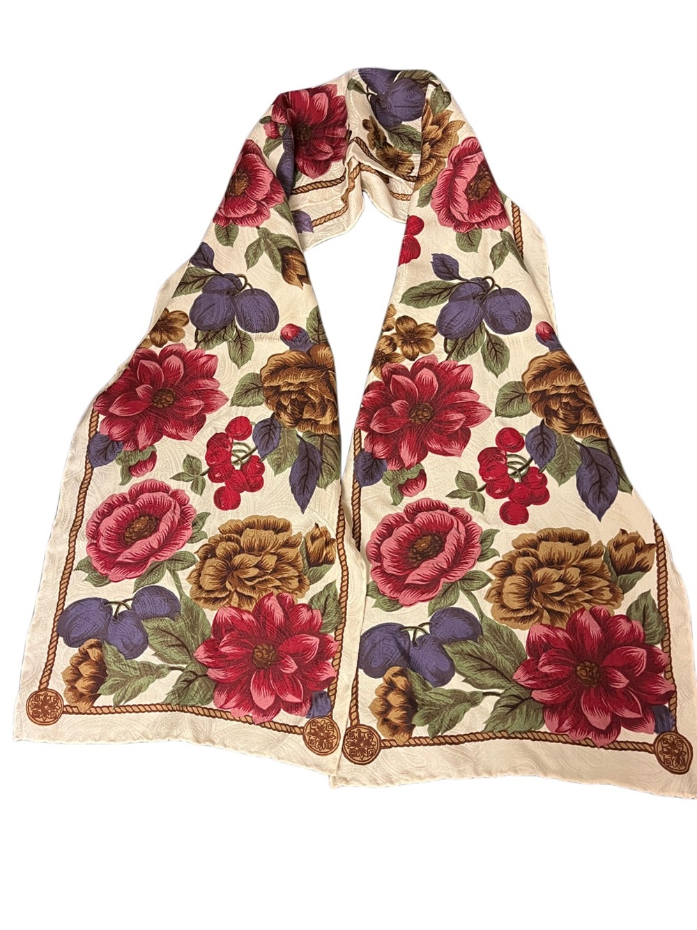 Vtg 90s Liz Claiborne Silk Blend Floral Scarf / Jacquard Cream Plum